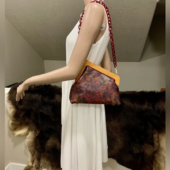 Handmade Genuine Premium Leather Floral Print Wooden Frame Bag with 2 Straps - Picture 3 of 16